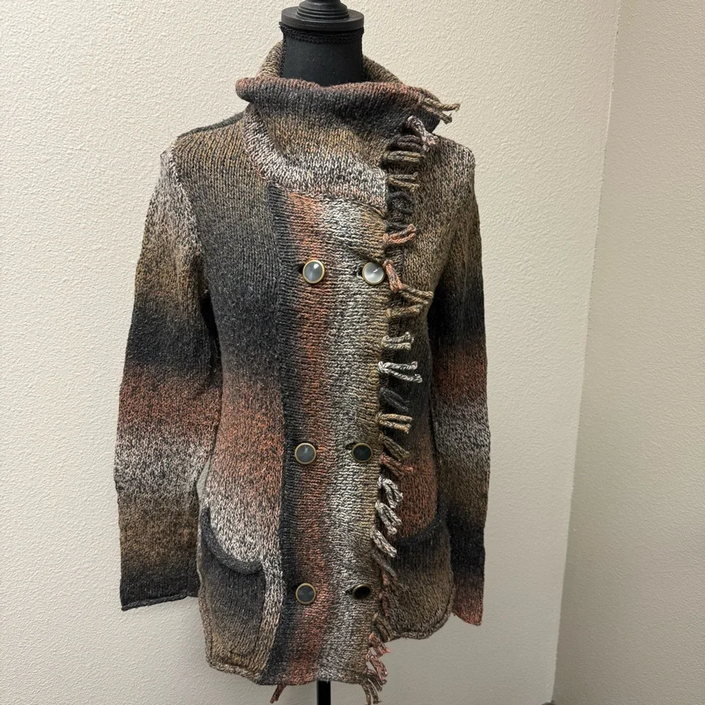 CAbi Brown Black Ombre Fringe Button Cardigan Sweater Small Boho